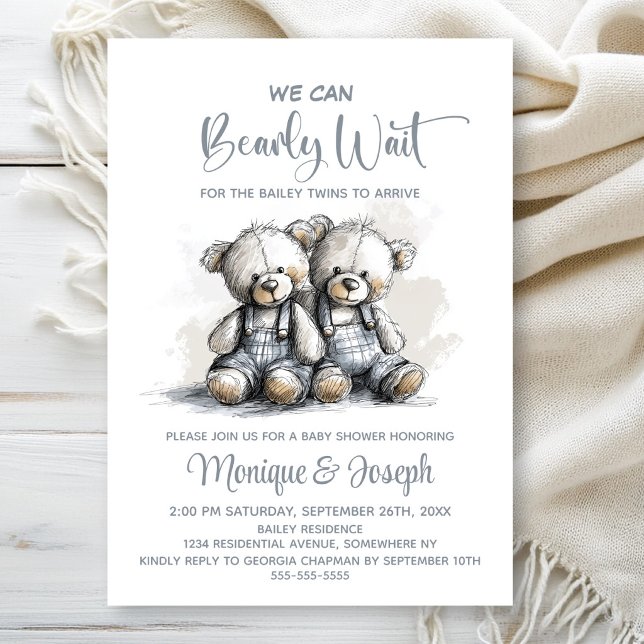Convite We Can Bearly Wait Teddy Bear Twins Baby Shower (Criador carregado)
