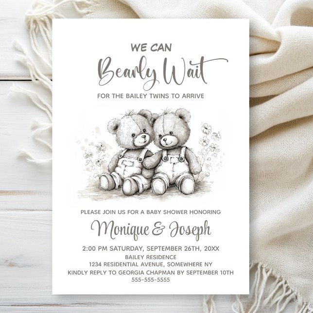 Convite We Can Bearly Wait Teddy Bear Twins Baby Shower (Criador carregado)