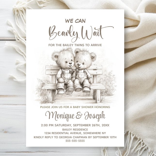 Convite We Can Bearly Wait Teddy Bear Twins Baby Shower (Criador carregado)