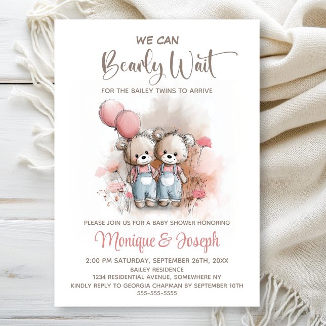 Convite We Can Bearly Wait Teddy Bear Twins Baby Shower (Criador carregado)