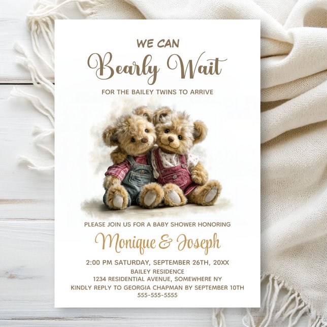 Convite We Can Bearly Wait Twin Teddy Bears Baby Shower (Criador carregado)