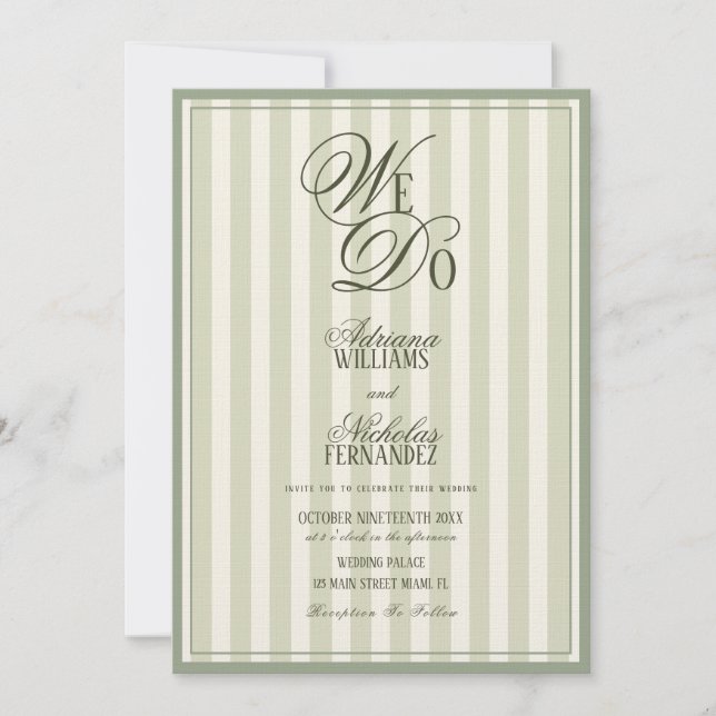 Convite We Do Elegant Striped Ivory Green Wedding (Frente)