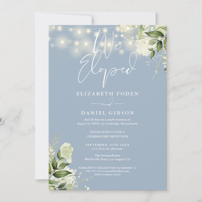 Convite We Eloped Dusty Blue Wedding Vows Greenery Party (Frente)