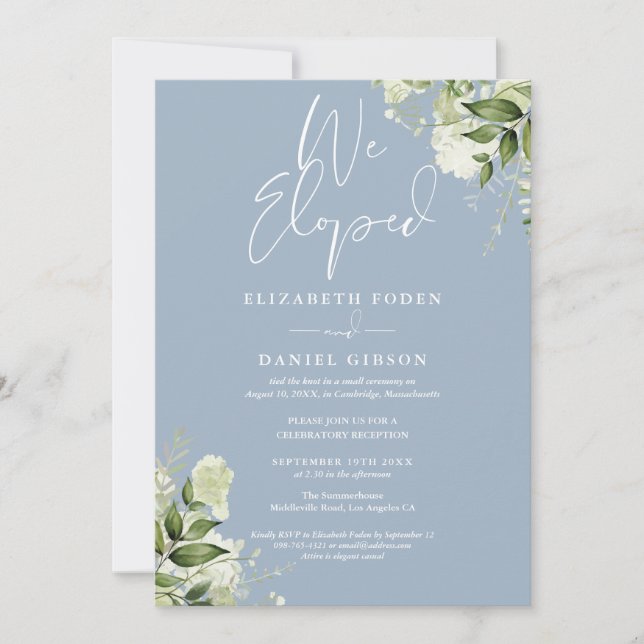 Convite We Eloped Dusty Blue Wedding Vows Greenery Party (Frente)