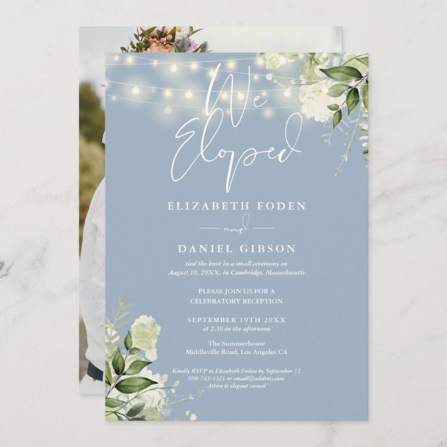 Convite We Eloped Greenery Dusty Blue Photo Wedding Party (Frente/Verso)