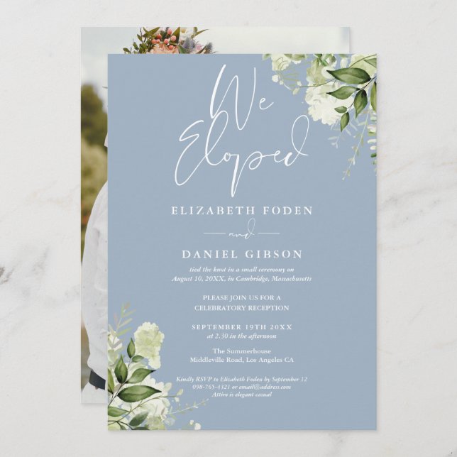 Convite We Eloped Greenery Dusty Blue Photo Wedding Party (Frente/Verso)