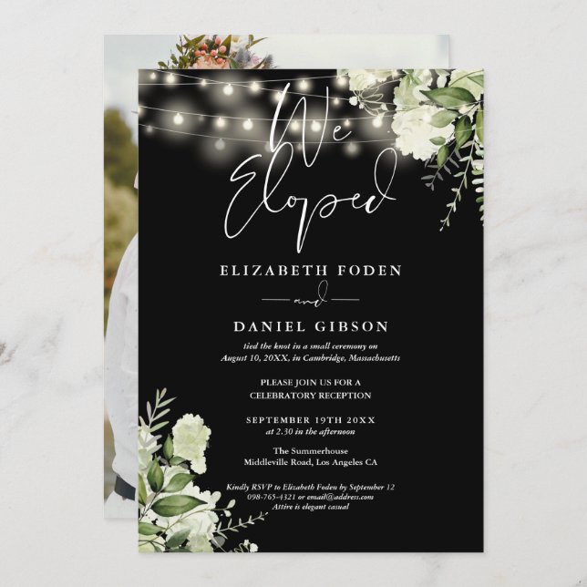 Convite We Eloped Greenery Floral Photo Wedding Party (Frente/Verso)