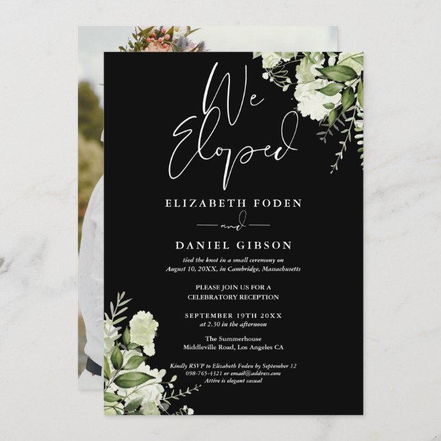 Convite We Eloped Greenery Floral Photo Wedding Party (Frente/Verso)