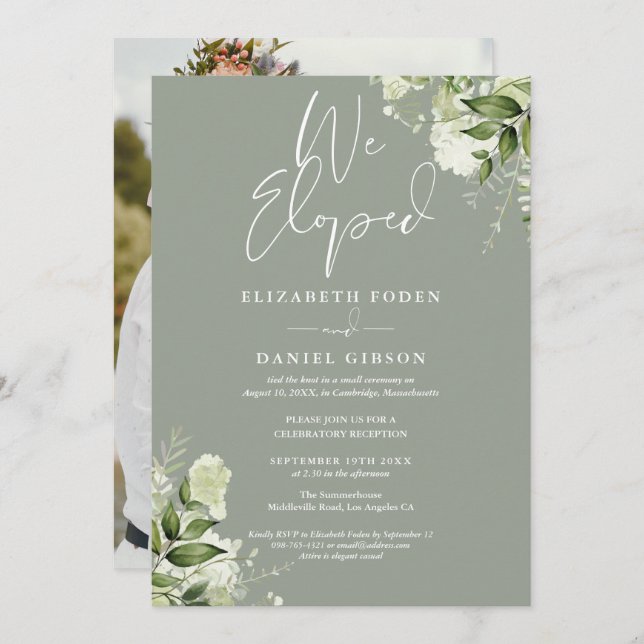 Convite We Eloped Greenery Sage Green Photo Wedding Party (Frente/Verso)