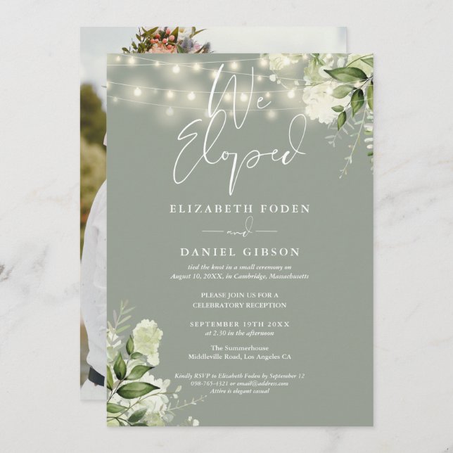 Convite We Eloped Greenery Sage Green Photo Wedding Party (Frente/Verso)