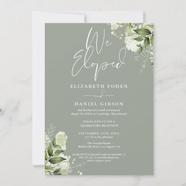 Convite We Eloped Sage Green Wedding Vows Greenery Party (Frente)