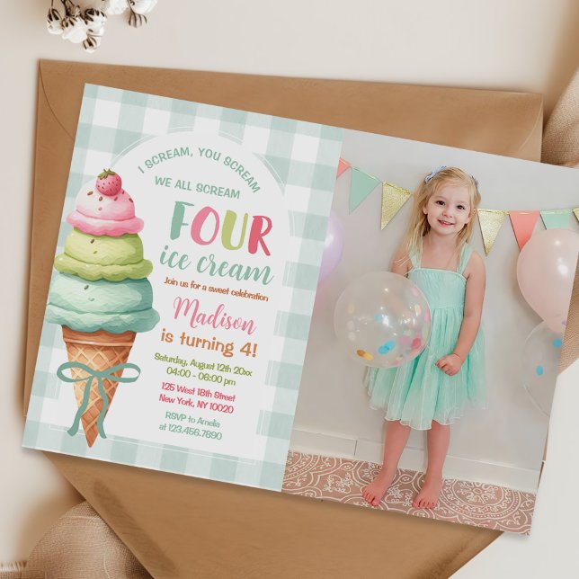 Convite We Scream Four Ice Cream Bow 4th Birthday Photo (Criador carregado)