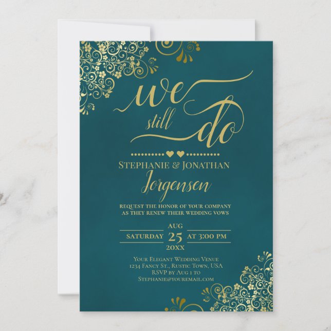 Convite We Still Do Elegant Dark Teal & Gold Vow Renewal (Frente)