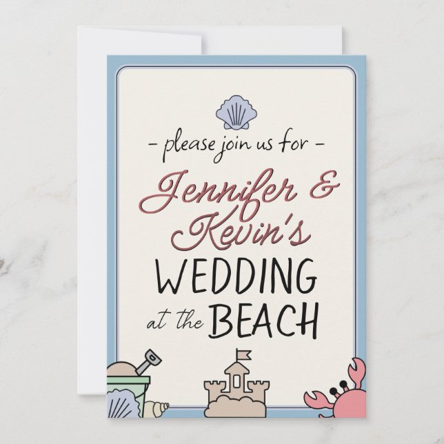 Convite Wedding Beach Party Invite Cute Sandcastle Crab  (Frente)