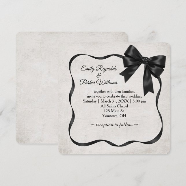 Convite Wedding Black Satin Ribbon Frame and Bow (Frente/Verso)
