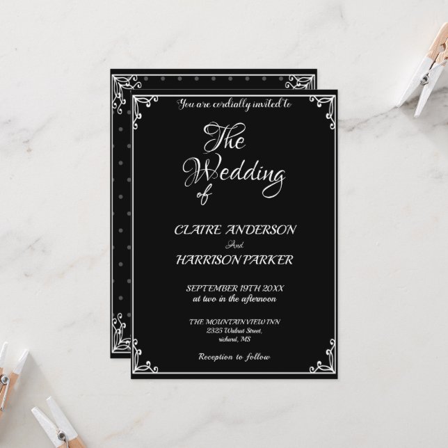Convite wedding black white elegant invitation. (Frente/Verso In Situ)