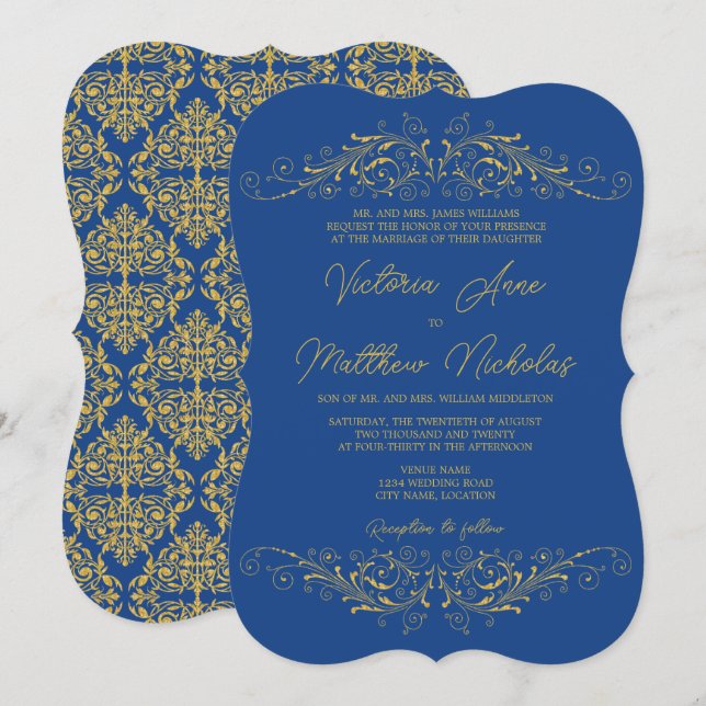 Convite Wedding Bleu e Faux Dourado Flourish Damask (Frente/Verso)
