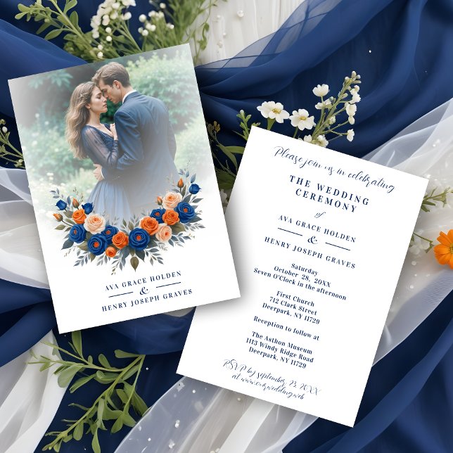 Convite Wedding Blue & Orange Flowers Romantic Garland (Wedding Blue & Orange Flowers Romantic Garland  Photo Invitation with Envelope.)