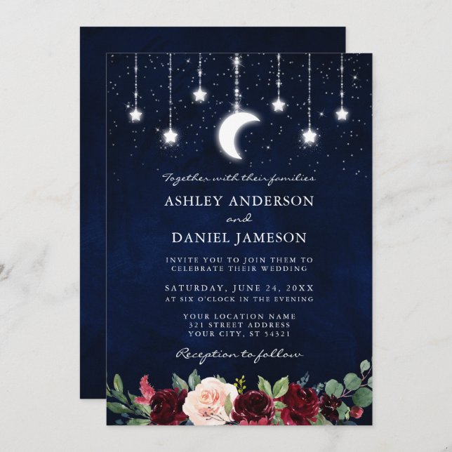 Convite Wedding Celestial Moon Stars Lights Foto Floral (Frente/Verso)