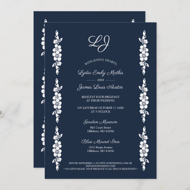 Convite Wedding Chic Photo Navy & White Trendy Flowers (Frente/Verso)