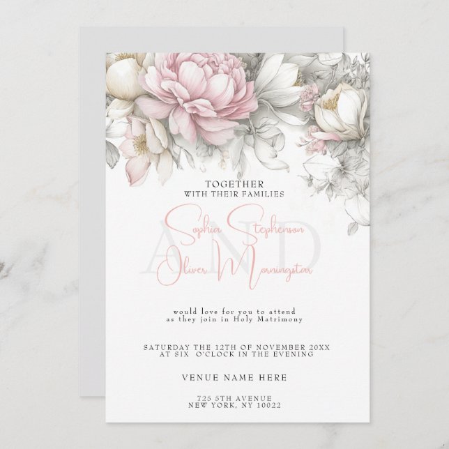 Convite Wedding | Classic Modern Ivory and Blush Floral  (Frente/Verso)