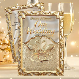 Convite Wedding Cream Gold Swans Rings Gold Diamonds