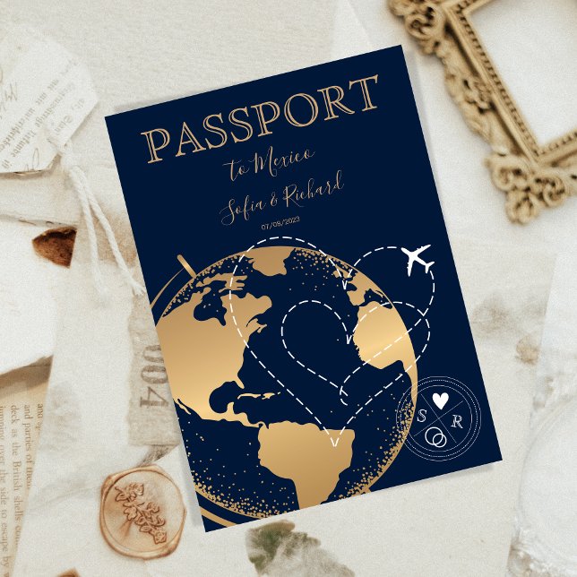 Convite Wedding Destination Passport Gold World Map Plane  (Criador carregado)