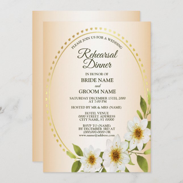 Convite Wedding Golden White Floral Peach Rehearsal Dinner (Frente/Verso)