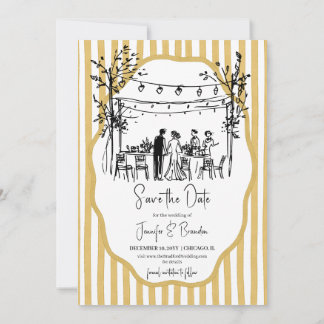 Convite Wedding hand sketched mustard striped
