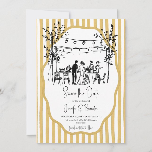 Convite Wedding hand sketched mustard striped (Verso)