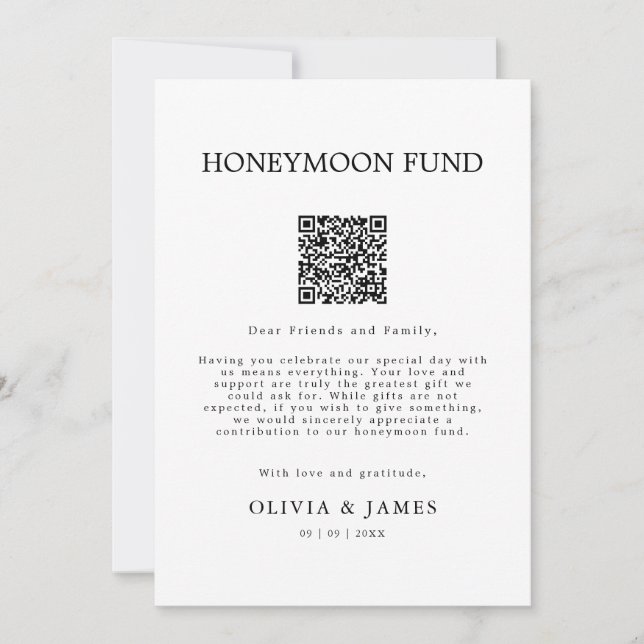 Convite Wedding Honeymoon Honeymoon Fund QR Code Sign,  (Frente)