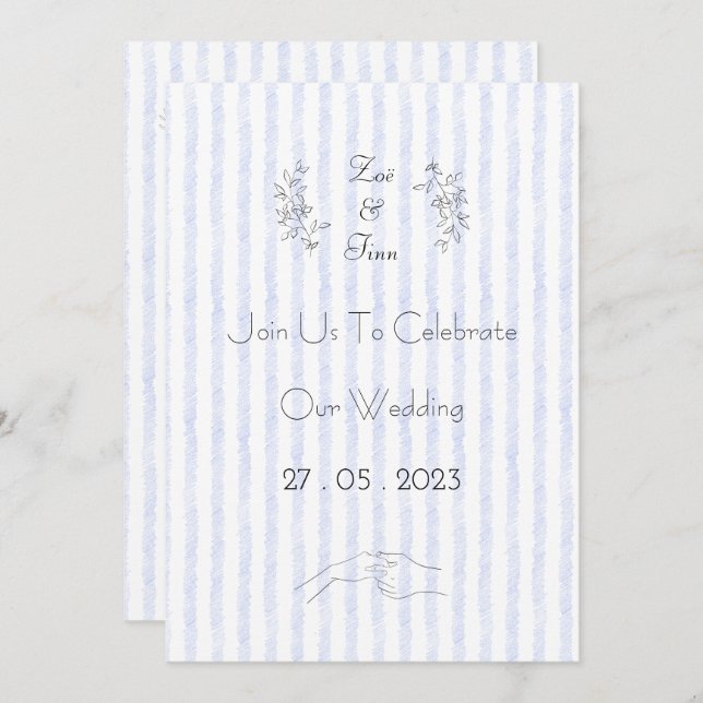 Convite Wedding Invitation (12,7 x 17,8 cm) - Blue Stripes (Frente/Verso)