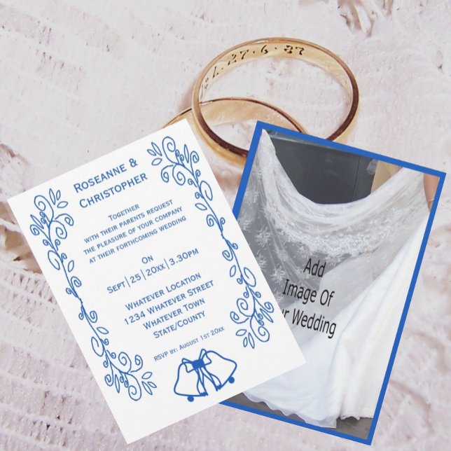 Convite Wedding Invitation Blue Sapphire Bells Scrollwork (Criador carregado)