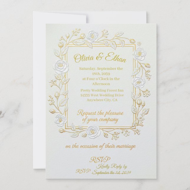 Convite Wedding Invitation - Classic Gold & Olive Branch  (Frente)