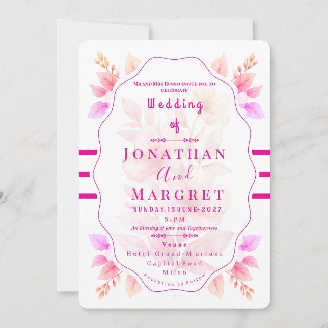 Convite Wedding Invitation Classic Pink Floral Aesthetic (Frente)