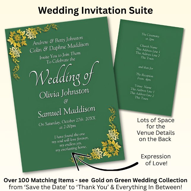 Convite Wedding Invitation Emerald Green Gold White  (Criador carregado)