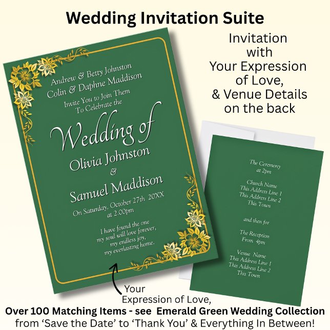 Convite Wedding Invitation Emerald Green Gold White  (Criador carregado)