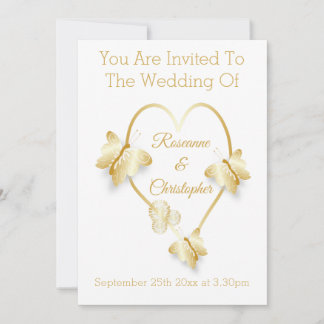 Convite Wedding Invitation Gold Coloured Heart Butterfly