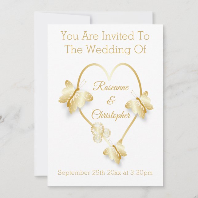 Convite Wedding Invitation Gold Coloured Heart Butterfly (Frente)
