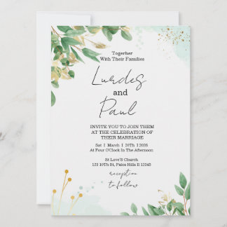 Convite  Wedding invitation  green flowers with gold