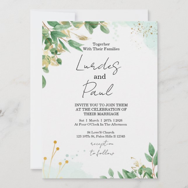 Convite  Wedding invitation  green flowers with gold (Frente)