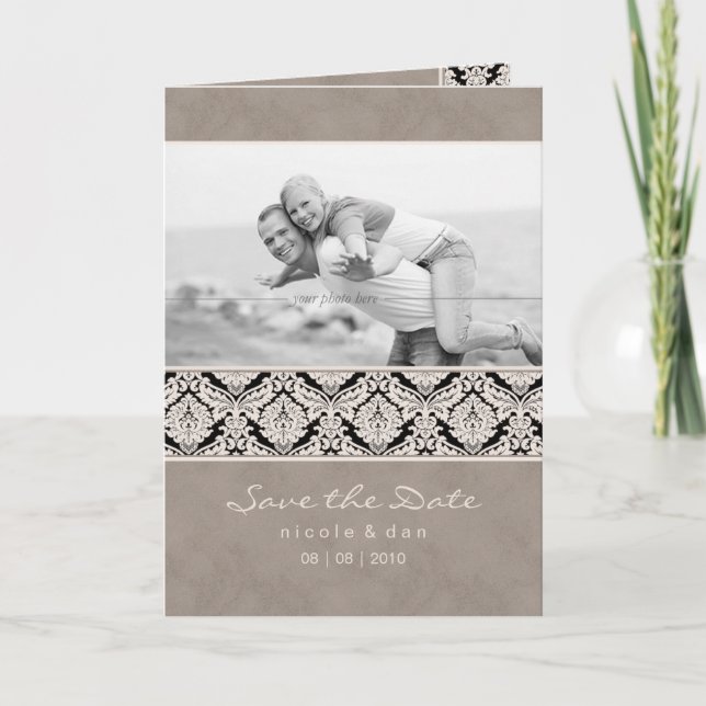 Convite Wedding Invitation Greeting Card Beige Damask (Frente)