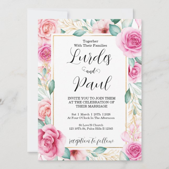 Convite  Wedding invitation Roses Pink (Frente)