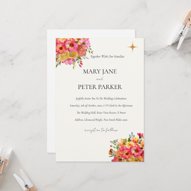 Convite Wedding Invitation Watercolour floral rustic (Frente/Verso In Situ)