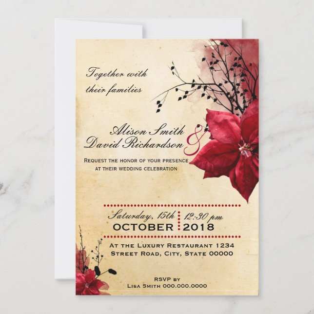 Convite Wedding invitation with Red flowers (Frente)