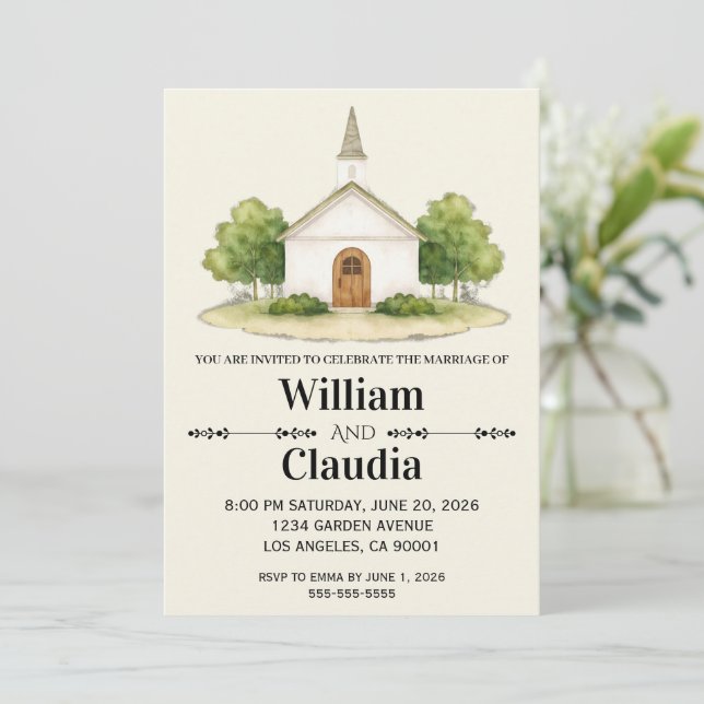 Convite Wedding Invitation with Watercolor Venue Painting (Em pé/Frente)