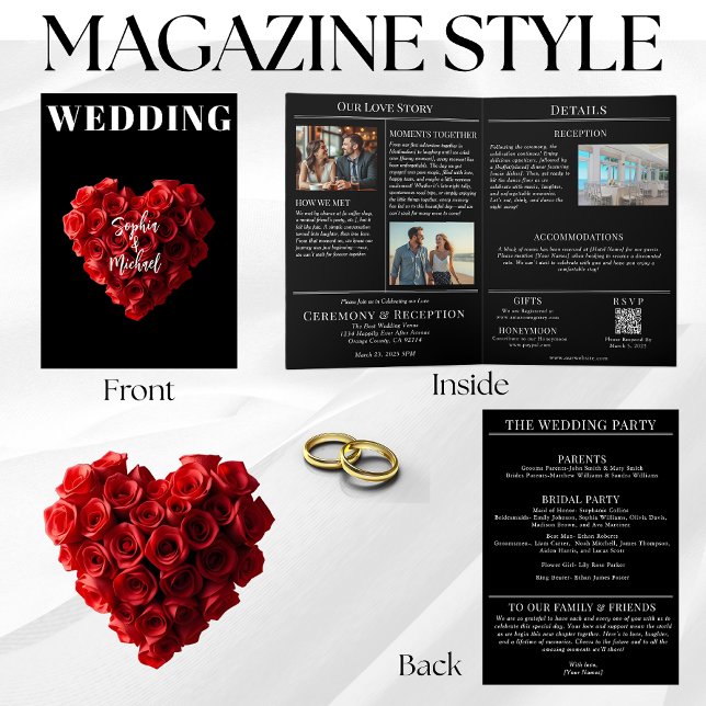 Convite Wedding Magazine All in One Red Roses (Magazine Style Wedding Invitation- Red Roses in the Shape of a Heart)