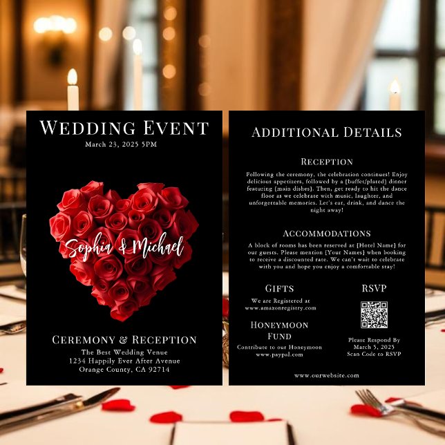 Convite Wedding Magazine Cover All in One (Wedding Invitation Red Roses in the Shape of a Heart- Black White and Red)