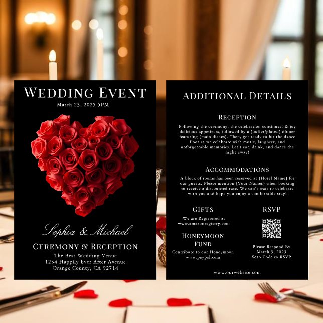 Convite Wedding Magazine Cover All in One (Wedding Invitation Red Roses in the Shape of a Heart- Black White and Red)