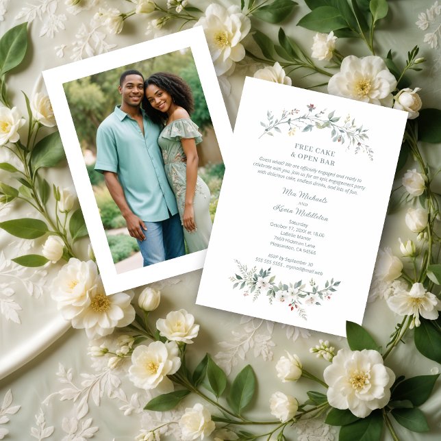 Convite Wedding Minimalist Green Flowers & Branches Photo (Wedding Minimalist Green Shades Flowers & Branches Photo Engagement Party Invitations Cards.)